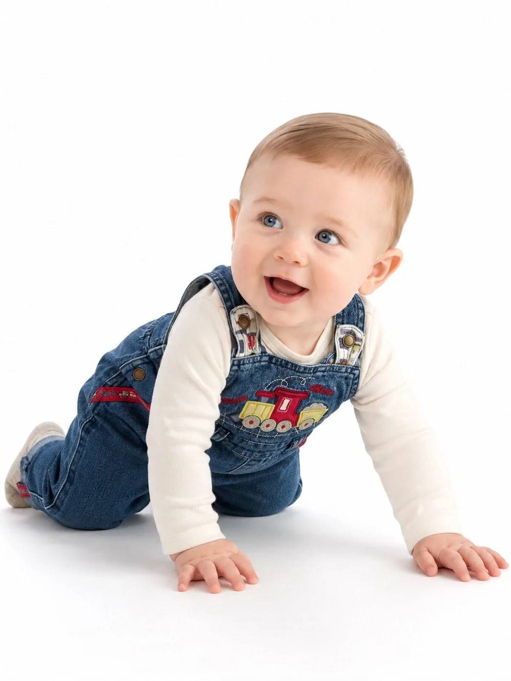 Vintage Y2K Koala Baby 3-6M Denim Train Overalls Embroidered Halloween Costume